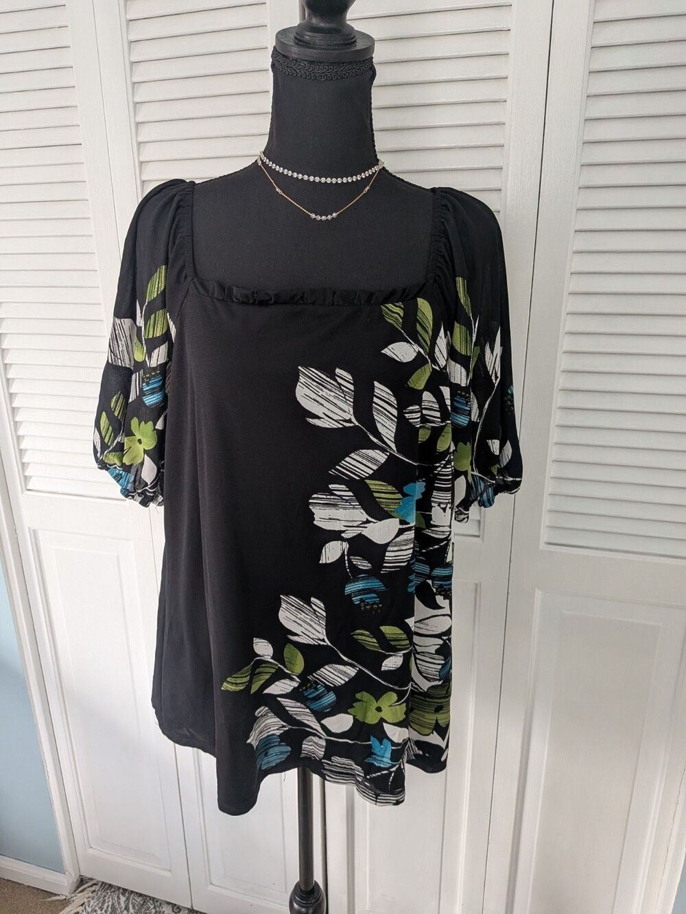 Style & Co. Top Women's 2X Blue Green Black Floral Ruffle Mesh Pullover Tunic